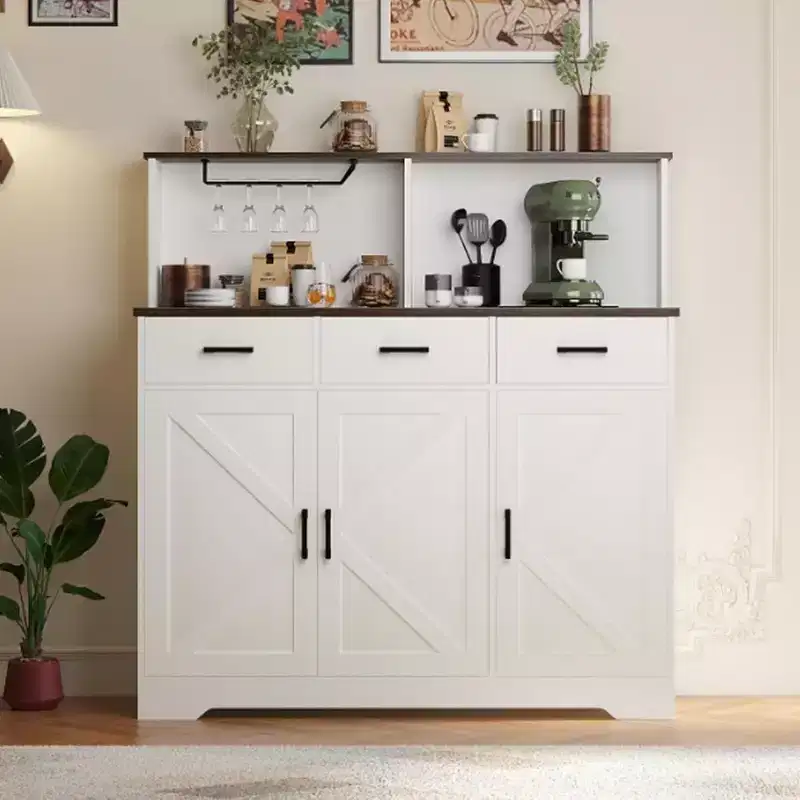 Brown/White & Dark Brown & Washed Ash Barn Door Sideboard Cabinet with 3 Drawers & 3 Doors – Single