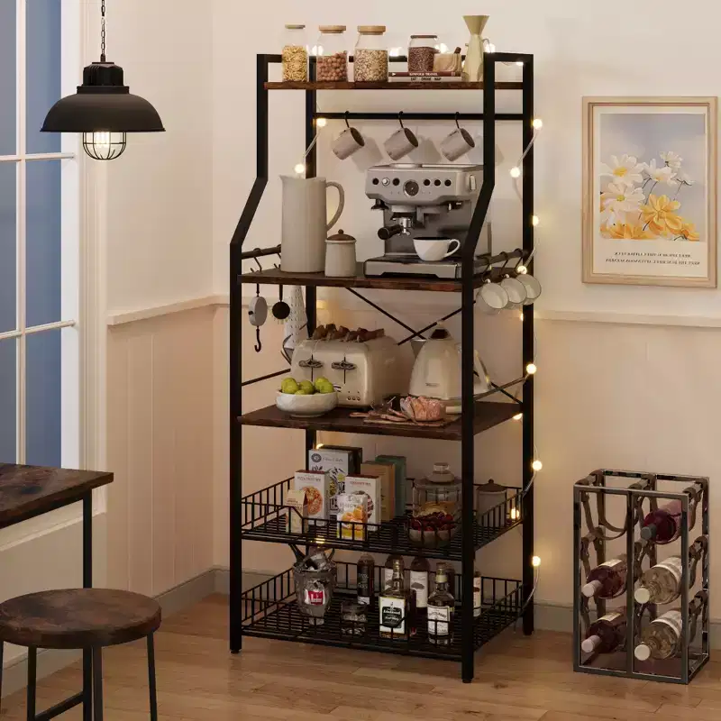 5-Tier Industrial Kitchen Bakers Rack with 2 Wire Baskets and 8 Hooks, Space-Saving Freestanding Microwave Stand and Coffee Bar Station