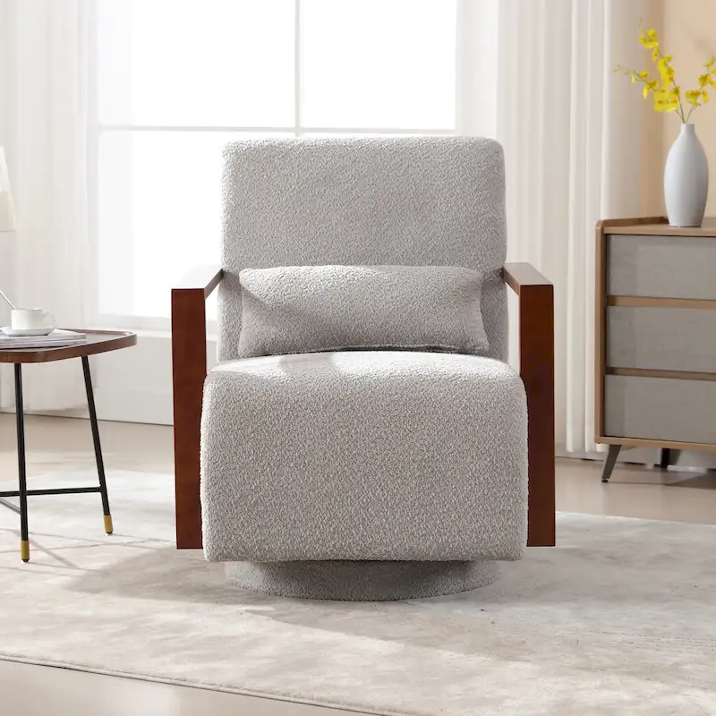 Mid-Century Boucle Upholstered Swivel Armchair With Pillow
