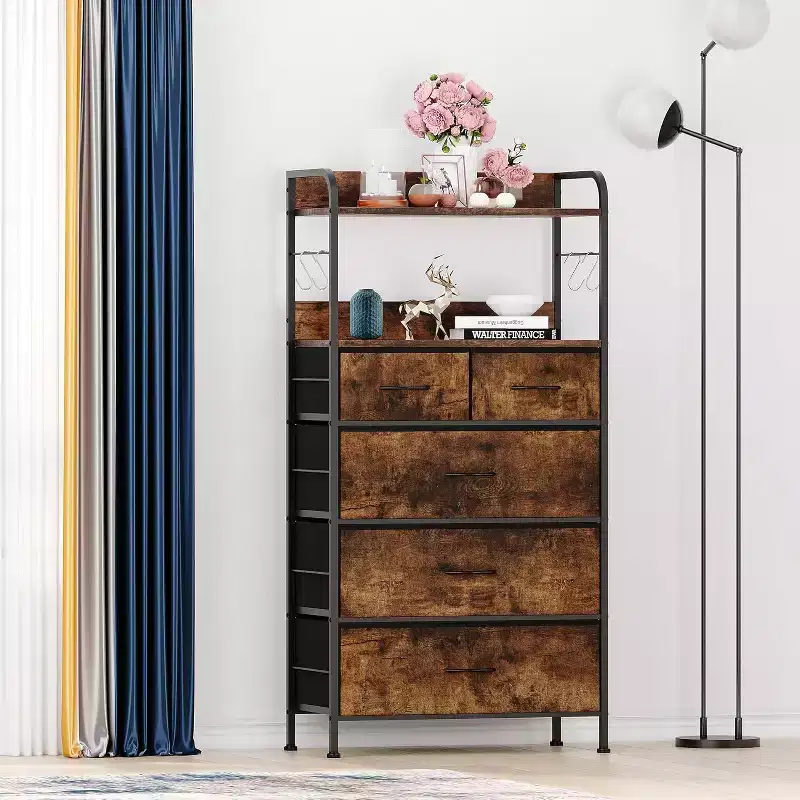 5 Drawers Dresser for Bedroom - Fabric Storage Tower with Wood Top, Sturdy Steel Frame, Easy Pull Handle Dressers
