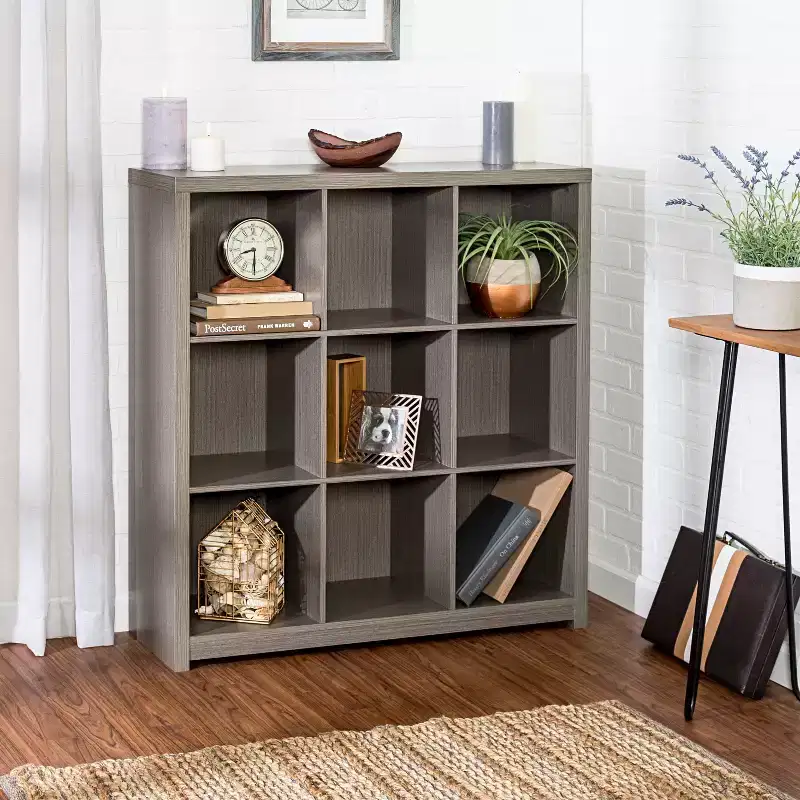 9-Cube Premium Laminate Bookshelf, Gray MDF, 9 Compartments, 135 lb Capacity, 37.5