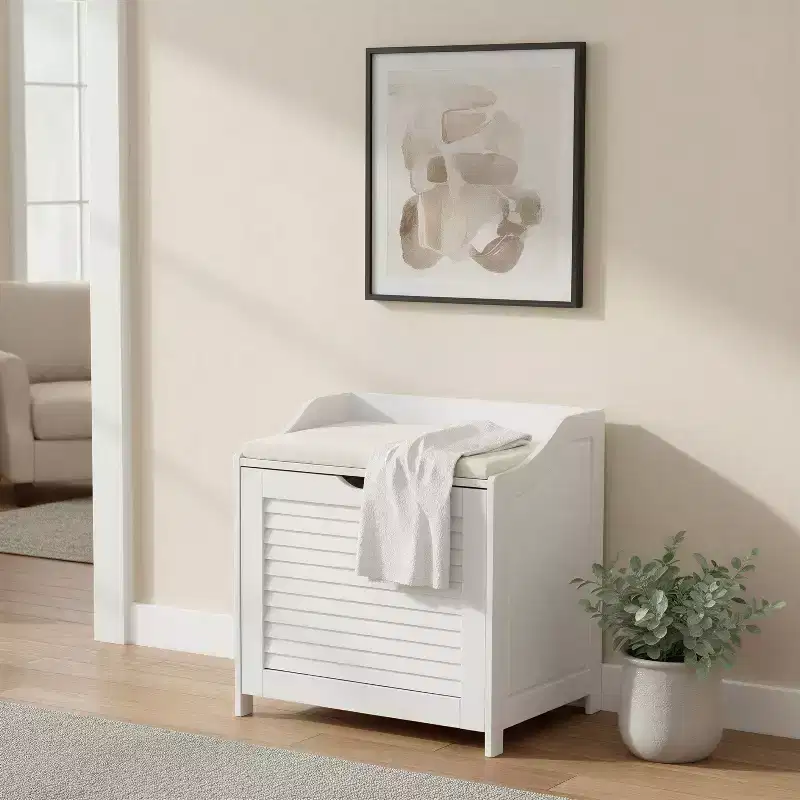 Household Essentials Design Trends Bench Hamper with Shutter Front and Foam Cushion White: Clothes Hamper with Lid, Removable Liner