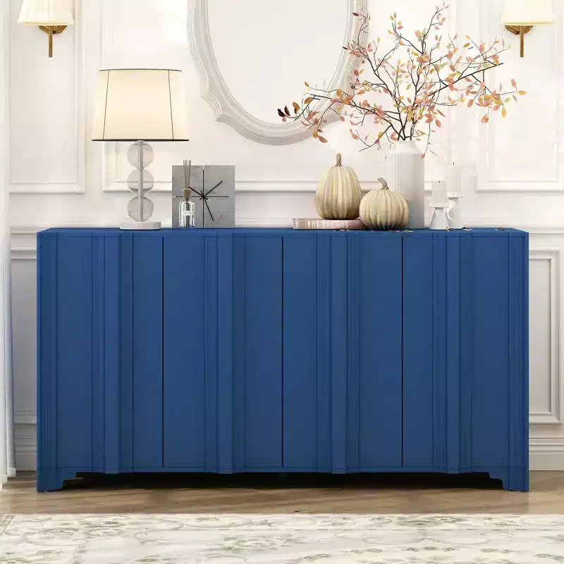 4-Door Sideboard, Solid Wood Accent Entryway Console Table Storage Cabinet, Multi-Layered Pine Veneer Design Elements