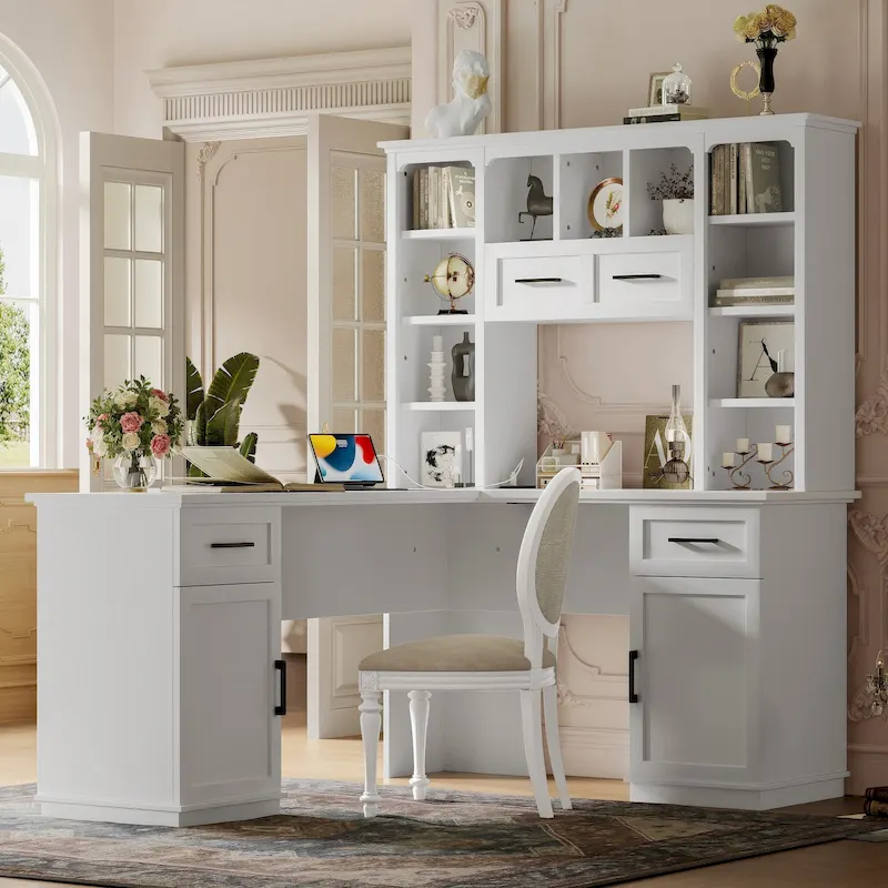 L-Shaped Computer Desk with 11 Open Shelves and Power Outlet