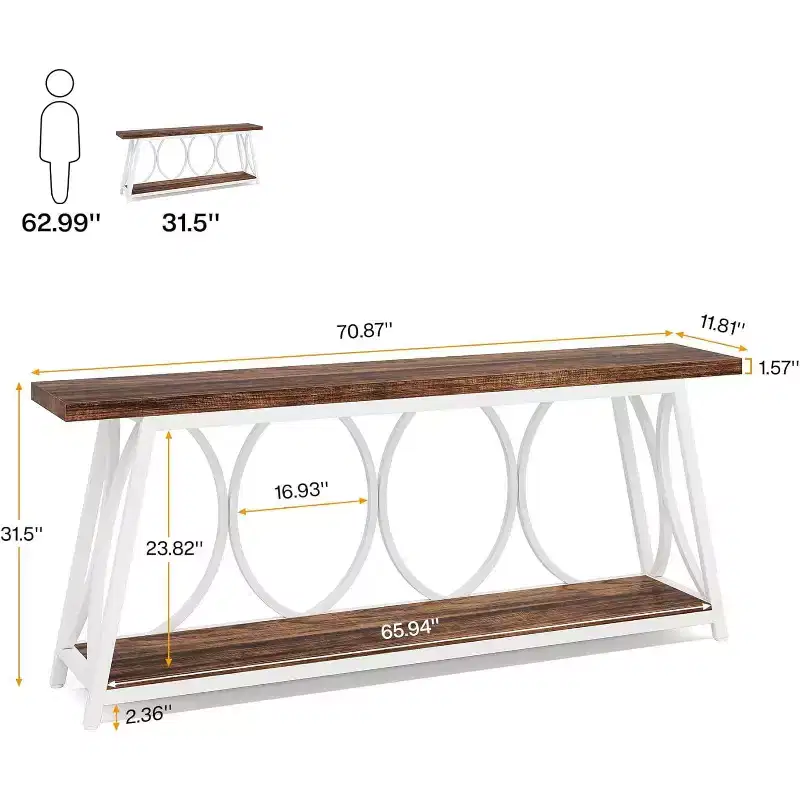 Lantine 70.9-Inch Extra Long Console Table, Industrial Sofa Table with Storage Shelf for Living Room, Entryway, Hallway, White & Brown