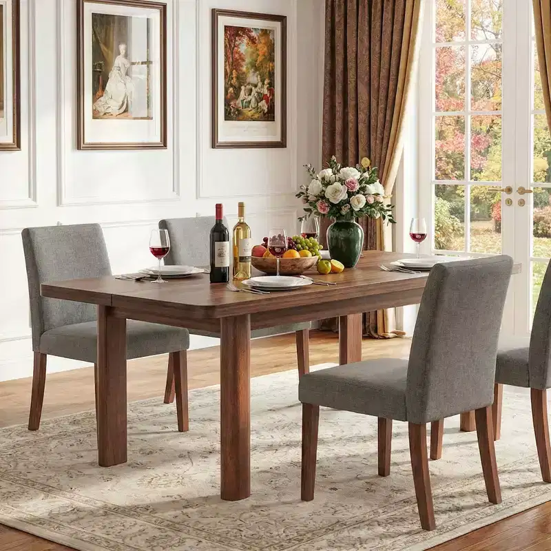 MAYEERTY 63 Brown Farmhouse Dining Table, 4-6 Person Easy Assembly Rectangular Kitchen Table