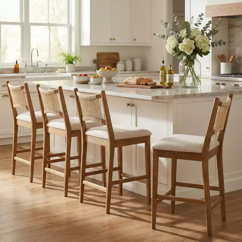 Christopher Knight Home Natalie Modern Rubberwood Upholstered Counter Stools with Woven Rope Backrest (Set of 4)