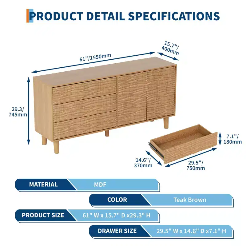 61 Mid-Century Modern Sideboard Buffet, Natural Wood Cabinet with 3 Drawers & 2 Doors, Undulating Groove Design with Adjustable Shelf