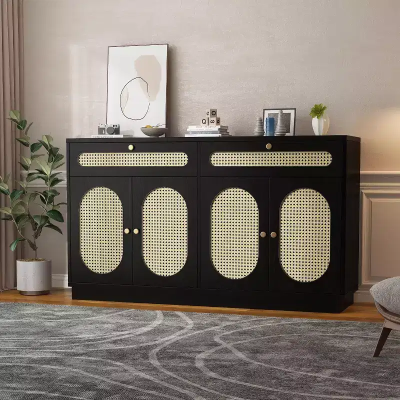 Coffee Bar Cabinet with Rattan Door Design, 60'' Buffet Cabinet with Storage, Sideboard Cabinet Featuring Adjustable 3-Level Shelves for Home