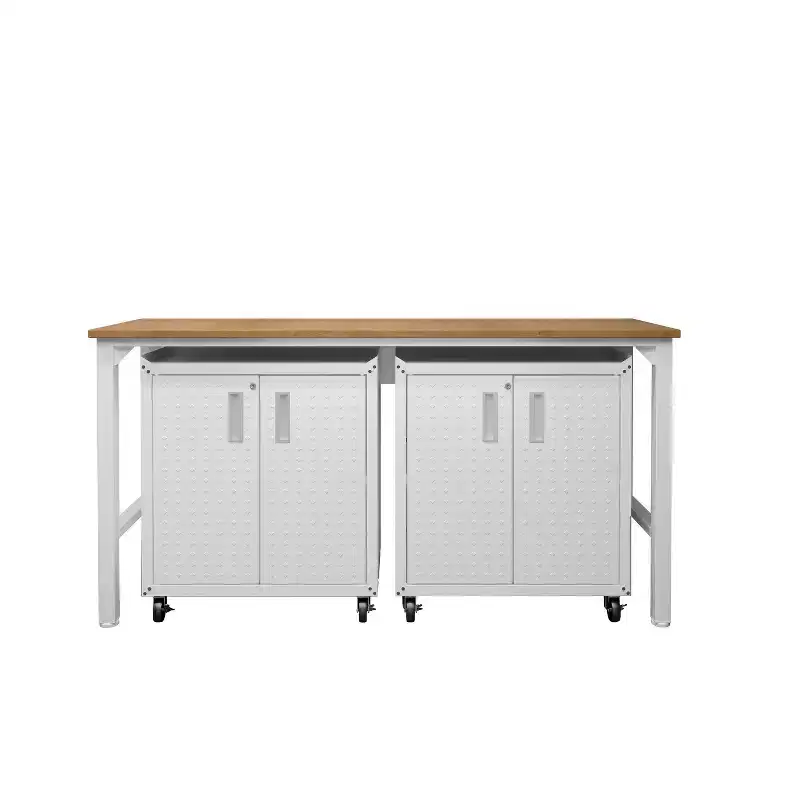 Manhattan Comfort Fortress 3pc Mobile Space Saving Garage Cabinet and Worktable Set 1.0 White: Lockable Storage & Adjustable Shelves