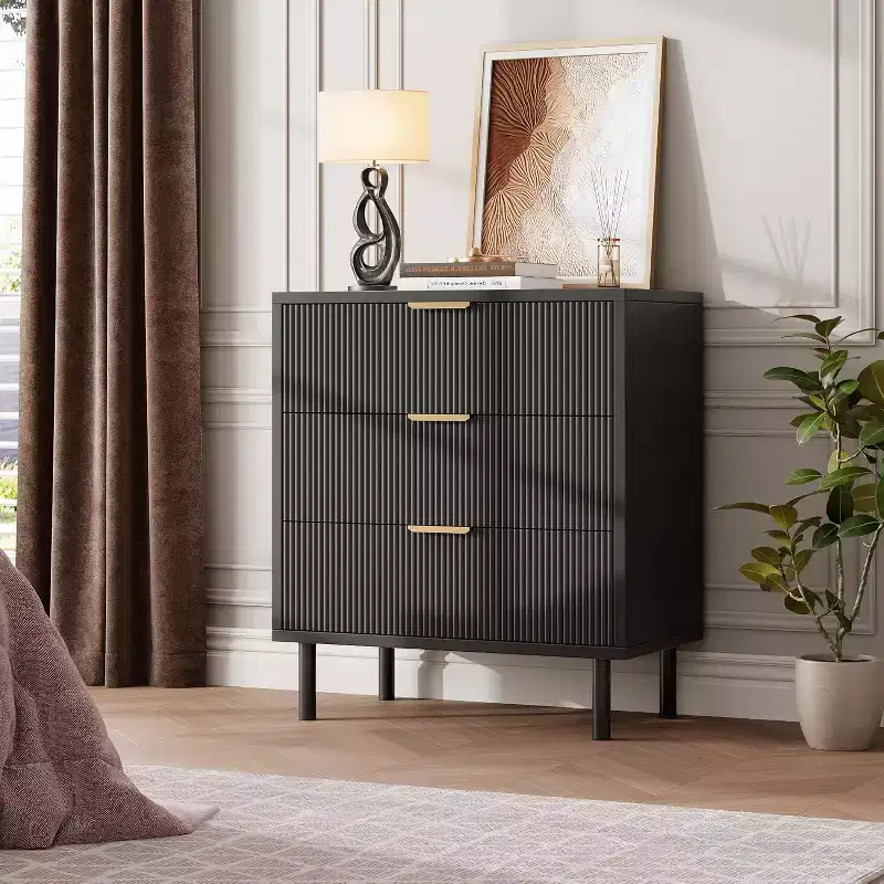 Fluted 3 Drawer Dresser,Wood Chest of Drawers with Storage Modern Wide Nightstand Bedside with Metal Legs & Handles for Bedroom Living Room Hallway