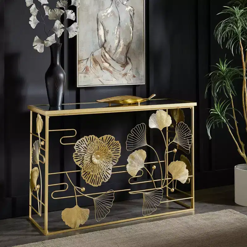 Hunters Gold Finish Peony and Ginkgo Console Table with Mirror Top - Gold/Mirror - iNSPIRE Q