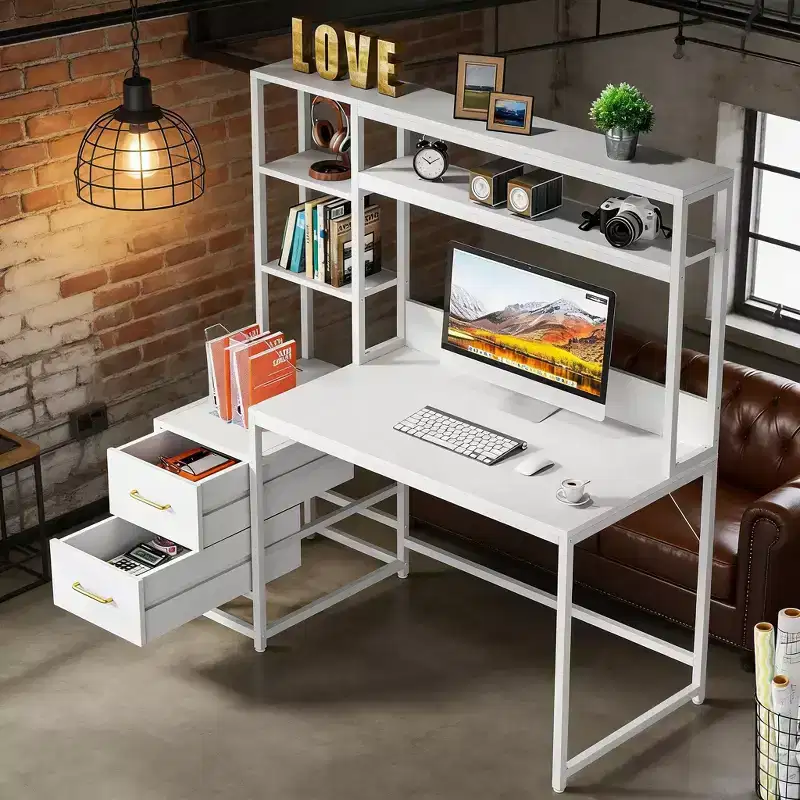 Tall Computer Desk with Hutch, 2 Drawers & Open Shelves, Modern Writing Table, White, 59.89