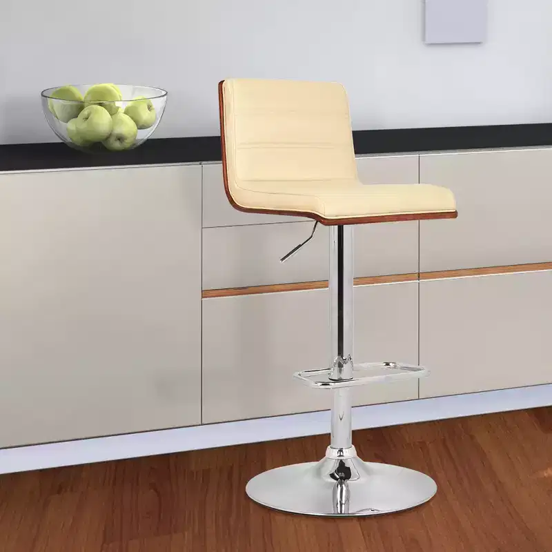 GDFStudio Linton Adjustable Swivel Faux Leather and Chrome Bar Stool with Walnut Wood Accent