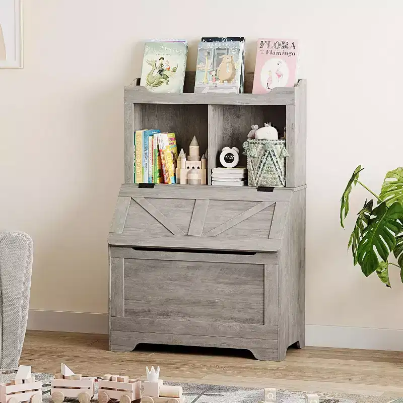 47.8''H Wooden Kids Bookcase & Toy Organizer with Flip-Top Lid, Boys/Girls Toy Storage Organizer for Playroom/Bedroom