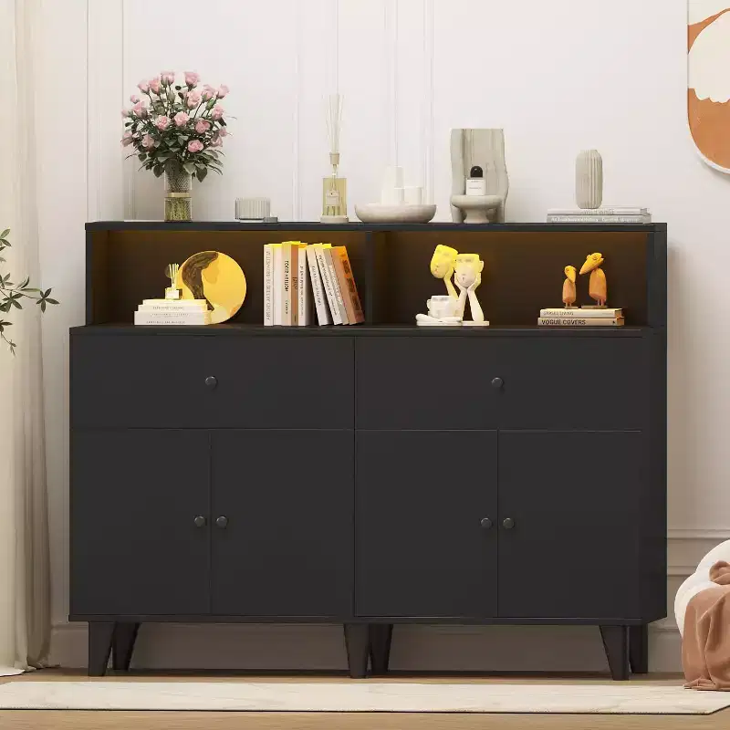 Storage Cabinet, Coffee Bar Station Table with Drawers and Adjustable Shelves, Freestanding Pantry Cabinet Cupboard Hutch for Living Room, Kitchen