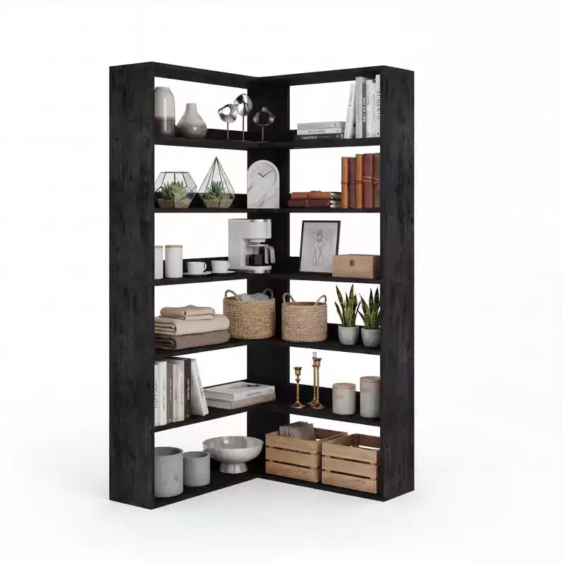 6-Tier Corner Bookshelf, Rustic Wood Corner Shelf Bookcase with Open Storage, L-Shaped Display Shelf for Living Room, Bedroom, Home Office