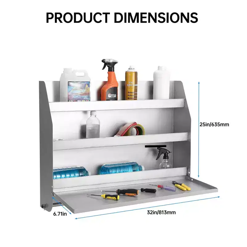 Aluminum Work Station Cabinet, Wall-Mounted Storage with Flip-Up Work Surface and Tool Trays