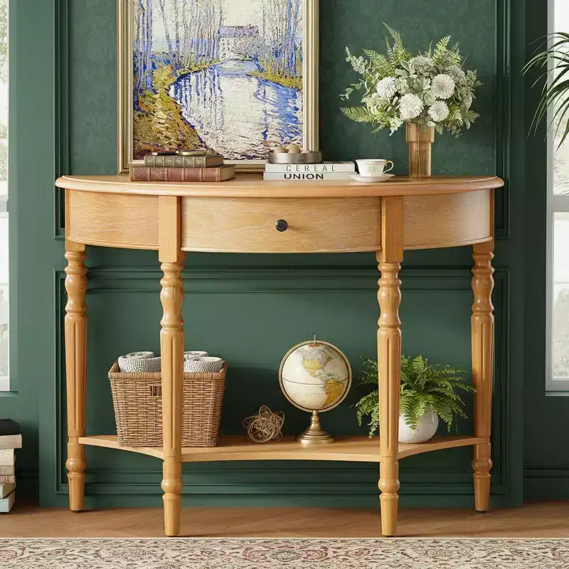 Polibi Farmhouse Crescent Entry Console with Drawer & Shelf