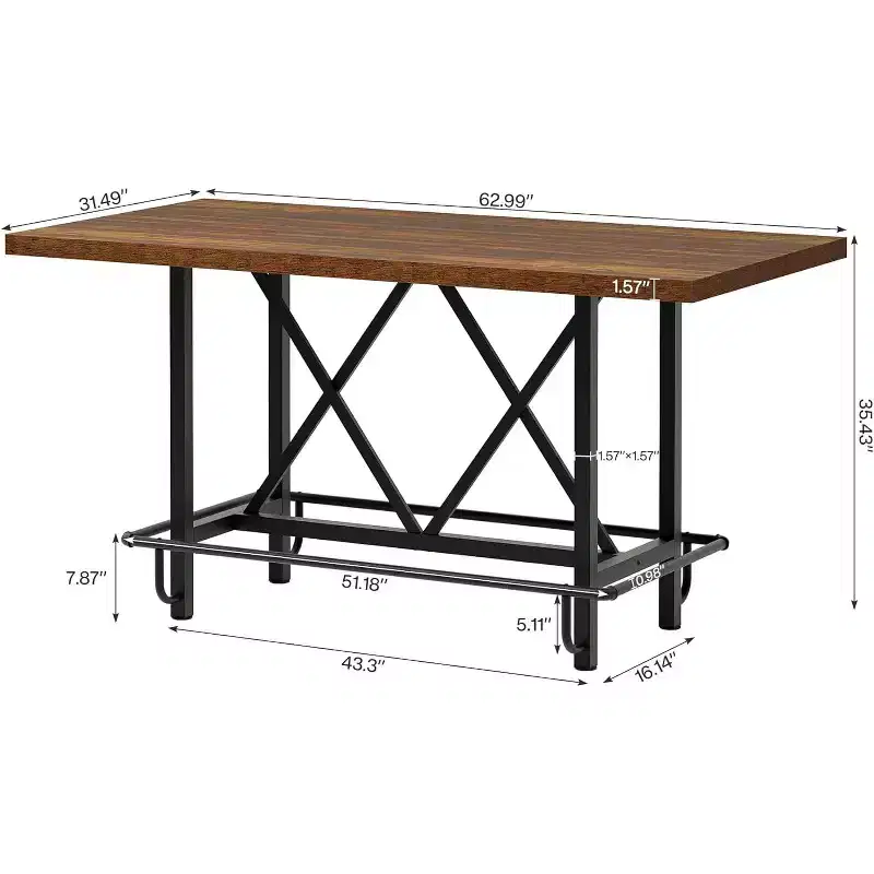 Lantine 63-Inch Bar Table, Industrial Counter Height Pub Table with Metal Footrest for Dining Room, Home Bar, Brown