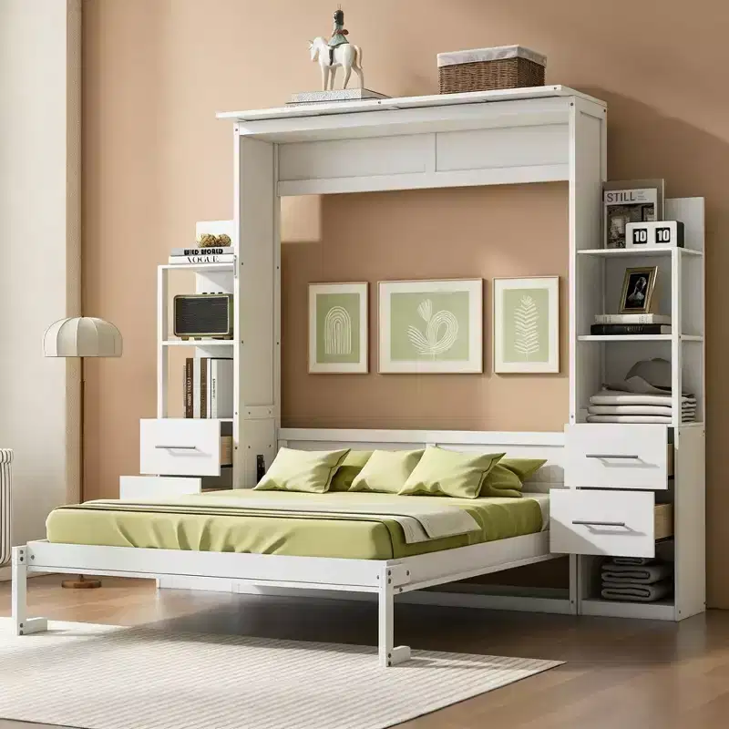 Luxystar Queen Murphy Bed with Storage Shelves, 4 Drawers and Lights