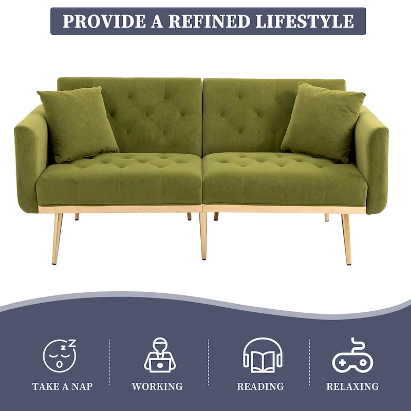 Velvet Upholstered Tufted Loveseats Sleeper Sofa With Rose Golden Legs