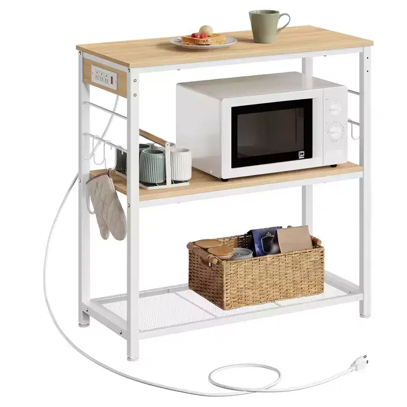 VASAGLE Kitchen Island with Power Strip, Microwave Oven Stand, Baker's Rack with 3 Open Shelves, 6 Hooks, Metal Frame, Goldean Oak and White