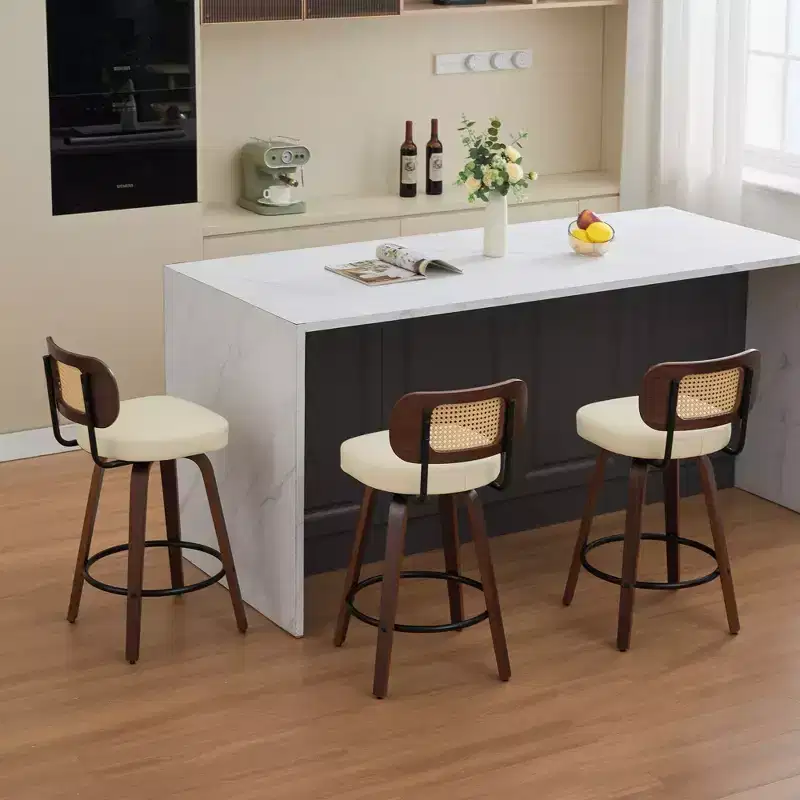 CLIHOME 3 Pieces Counter Height Bar Stools - 26 Rattan Counter Height Stools With Cane Back and Upholstered Seat