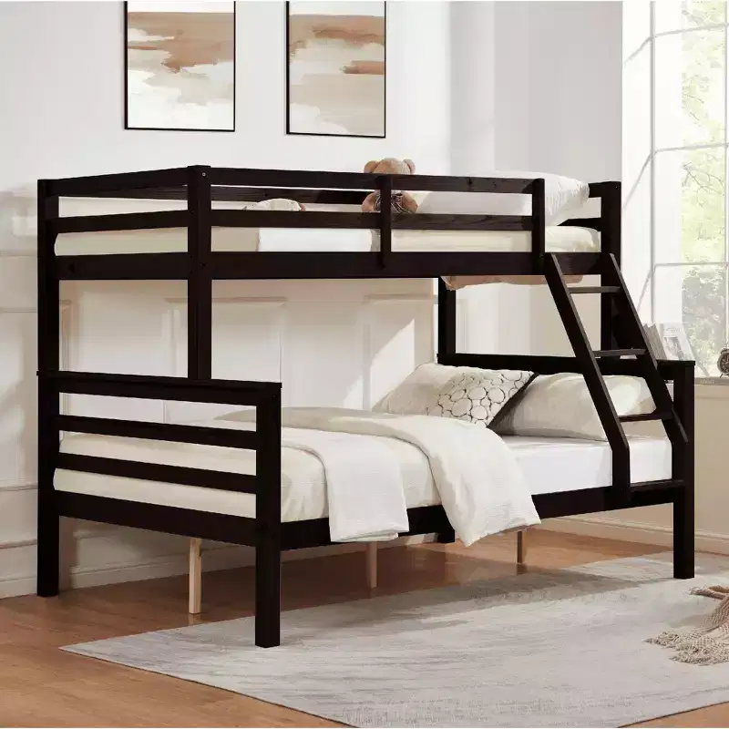 Twin over Full Bunk Bed with Ladder, Wooden Bed Frame with High Guardrail for Kids, No Box Spring Needed