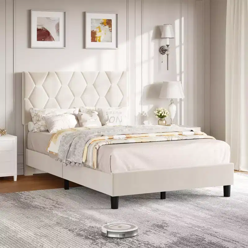COZONY Velvet Upholstered Twin Bed Frame, Adjustable Headboard Wood Slat Support Metal Frame
