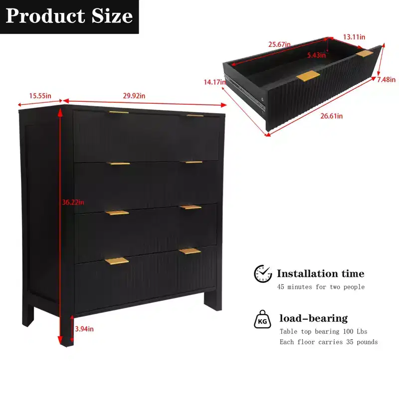 4 Fluted Drawer Dressers for Bedroom, Mid Century Modern Dresser for Bedroom Living Room Hallway Closet
