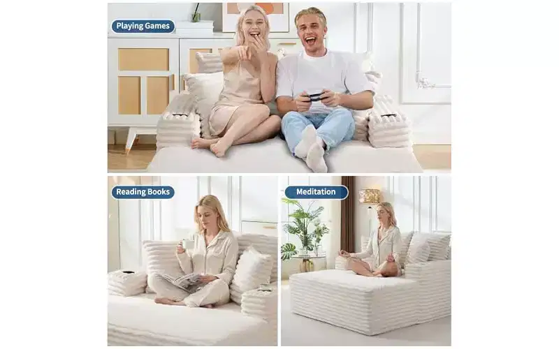 64 Oversized Chaise Lounge Chair - Corduroy Upholstered Boneless Sofa Bed with Throw Pillows & Cup Holders, Comfy Deep Seat Sleeper Couch