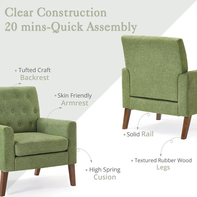 Linen Accent Chair Comfy Living Room Chair with Arms Upholstered Button Tufted Armchair Modern Arm Chairs Set Of 2