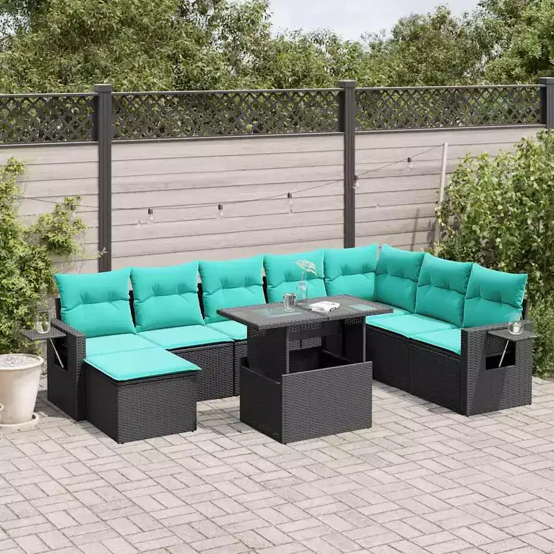vidaXL Patio Sofa Set with Cushions Table and Couches 9 Piece Poly Rattan - Black without storage