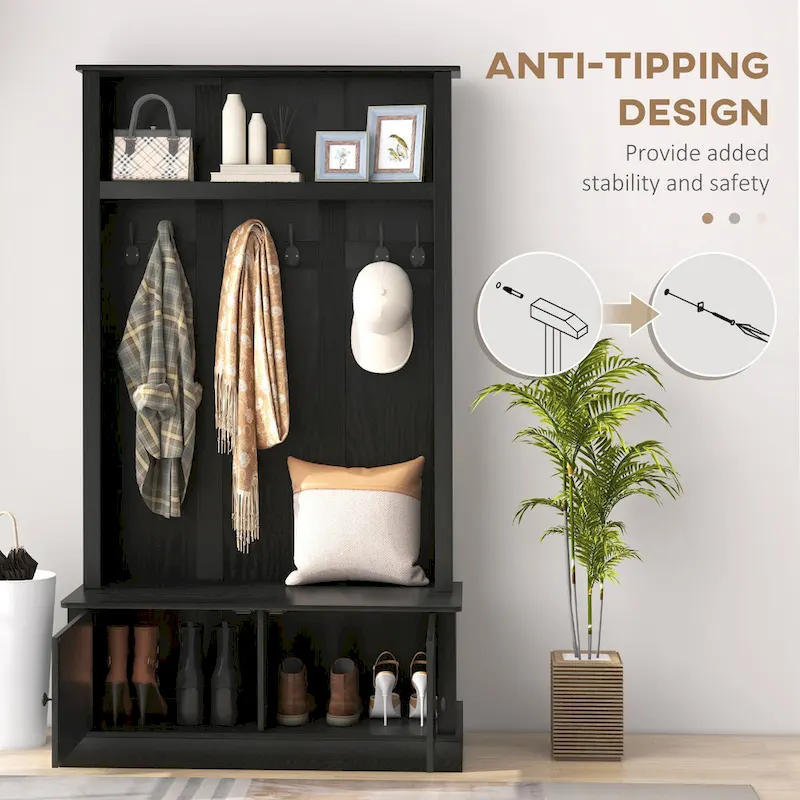 HOMCOM Freestanding Hall Tree, Entryway Bench with Coat Rack, Shoe Cabinet and Top Shelf