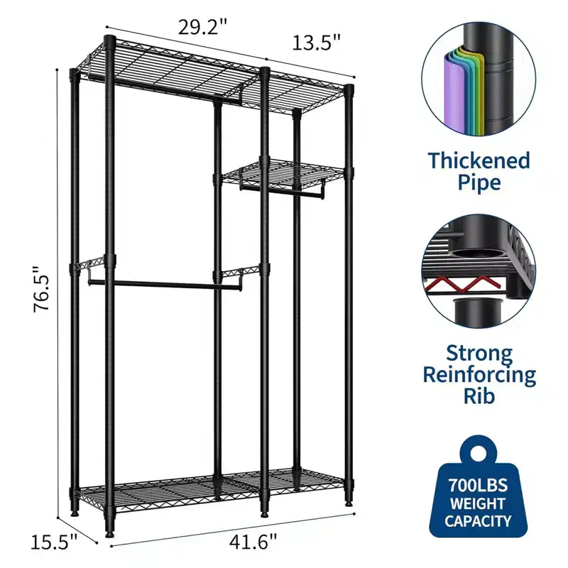 Heavy Duty Clothes Rack,Freestanding Clothes Rack with Shelves& Hanger,Wardrobe Clothes Organizer For Bedroom&Laundry Room,Max Load 500 LBS