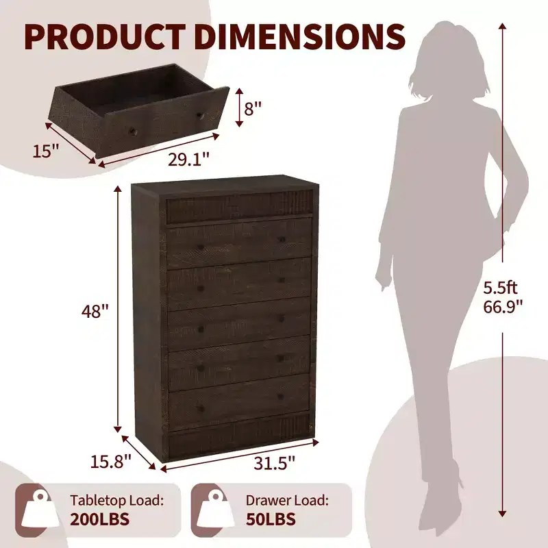 Modern Wood Storage Dresser,5-Drawer Fluted Chest, 31.5 Wide, Ideal for Kids Room, Hallway, and Living Room
