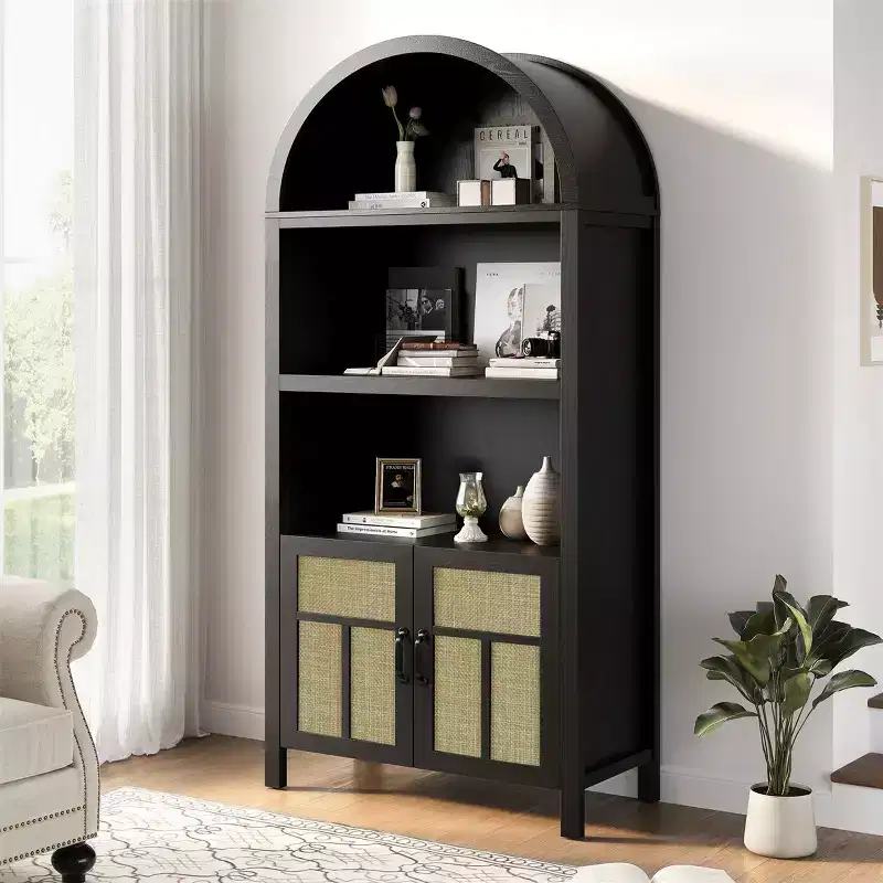 70 Arched Rattan Storage Cabinet, Boho Sideboard with Adjustable Shelves, Tall Pantry Cabinet, Black