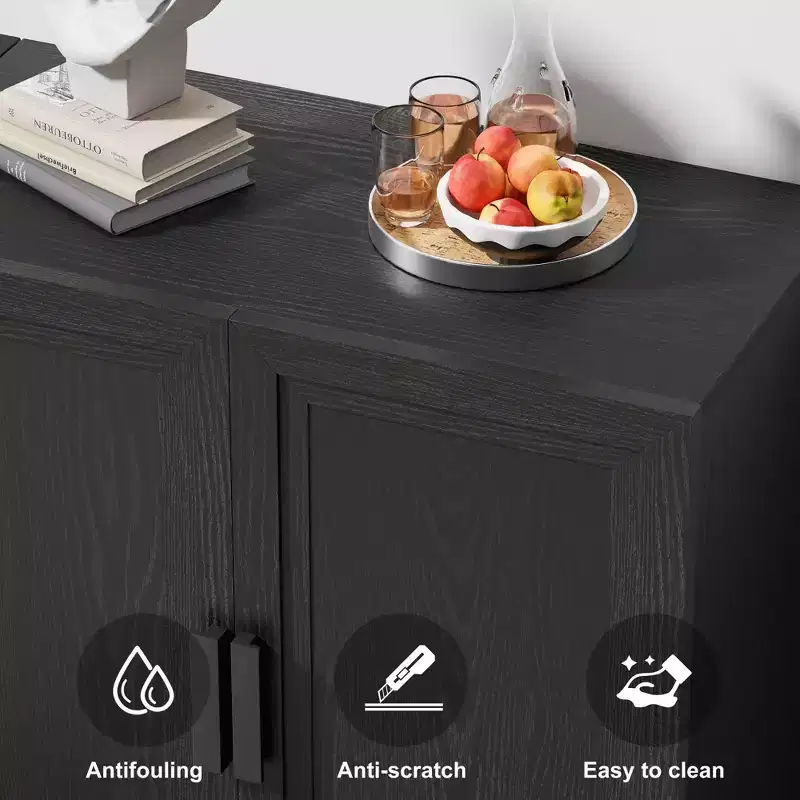 72 Black Wooden Bookshelf Storage Cabinet with Adjustable Shelves and 2 Doors for Living Room