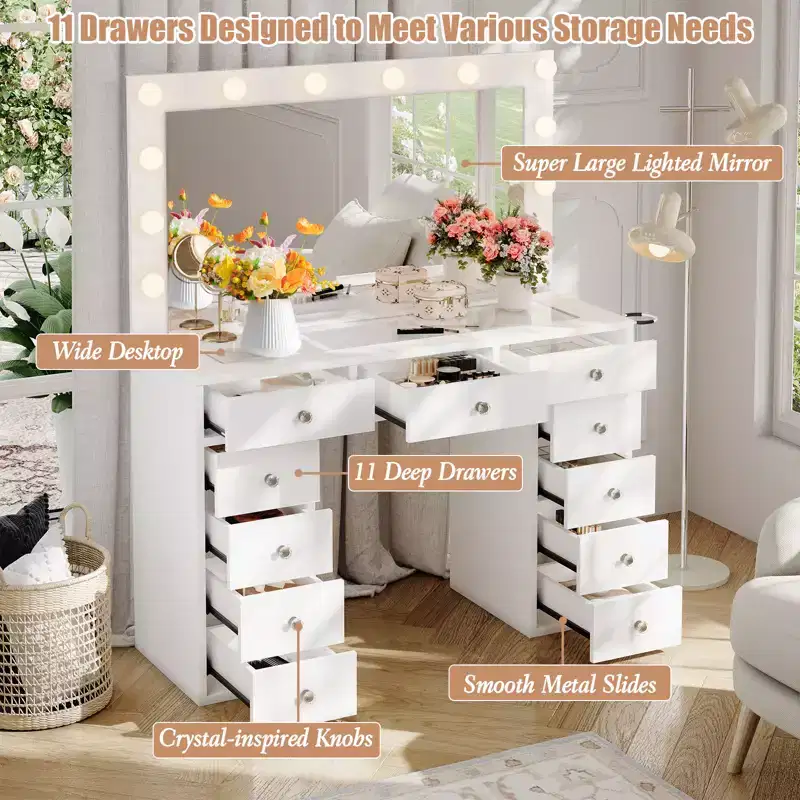 Vanity Desk with Mirror and LED Lights, White Makeup Vanity with 11 Drawers and a Power Strip, 3 Color Modes & Adjustable Brightness Dressing Table
