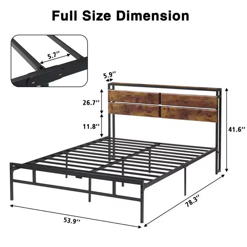 Metal Platform Bed Frame with Storage Bedside, Rustic Vintage Wood Headboard, Mattress Foundation, Strong Metal Slats Support