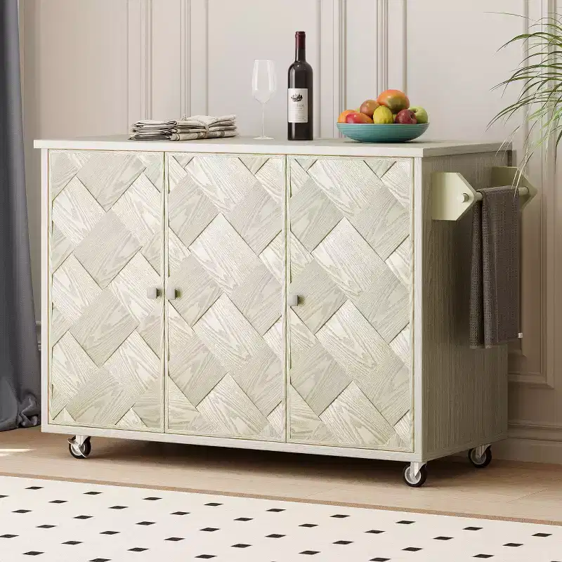 MAYEERTY Solid Wood Handwoveb Kitchen Island with Drop Leaf Coastal Kitchen Isalnd on Wheels Champange