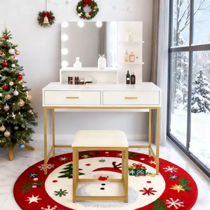 White Linen Particle Board with Triamine Iron Feet Two Drawers Three Shelves Three Colors Dimmable Bulb Light Luxury Style Dressing Table Set