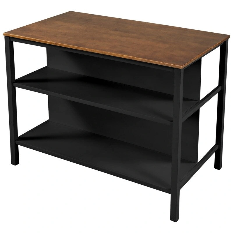Rustic 3-Piece Solid Wood Kitchen Island Set  45 Stationary Butcher Block Table With Two Seating Stools & Dual Open Shelves.