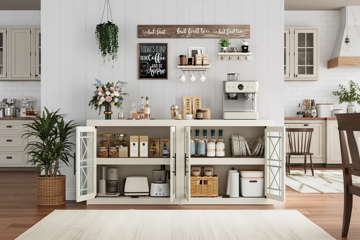Buffet Storage Cabinet with 4 Glass Pattern Design Doors, 70.8 Wide Modern Coffee Bar Cabinet Wooden TV Stand for Kitchen Dining Room Living Room