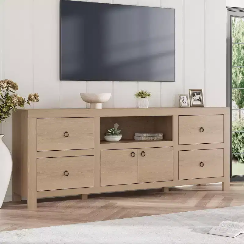 White Farmhouse TV Stand for 75-80 TVs - 70, Long Media Console with 6 Drawers & Soundbar Shelf for Living Spaces, bedroom