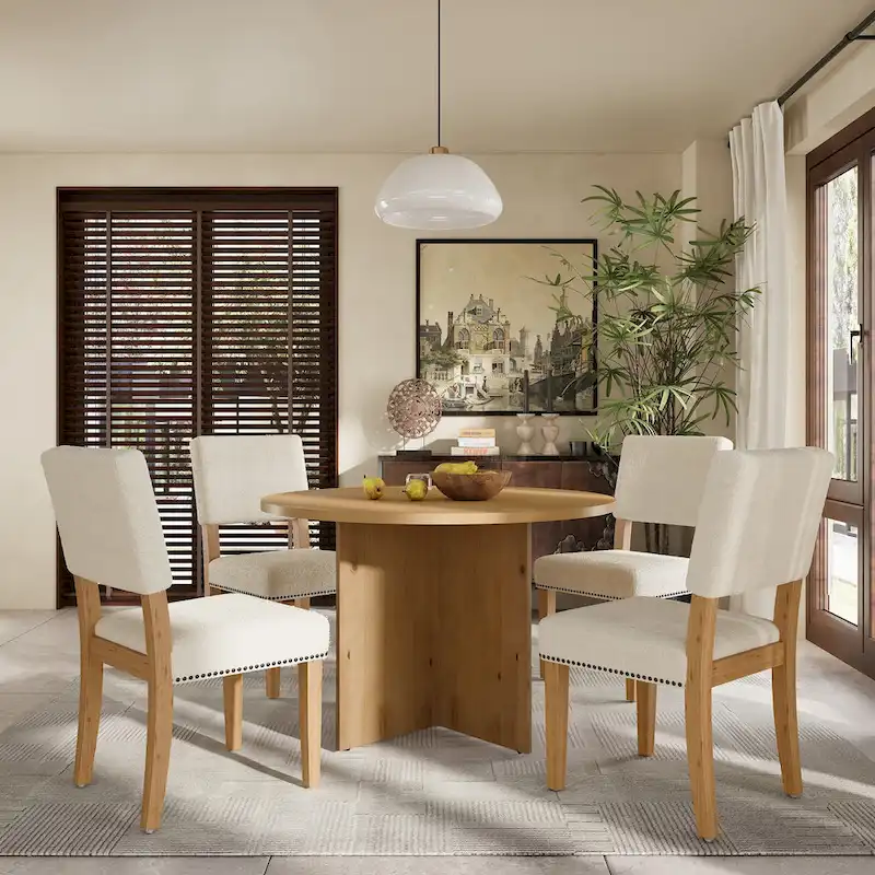 Sakin Modern 5-Piece Round Dining Table Set with Pedestal Base and Upholstered Chairs by GDFStudio