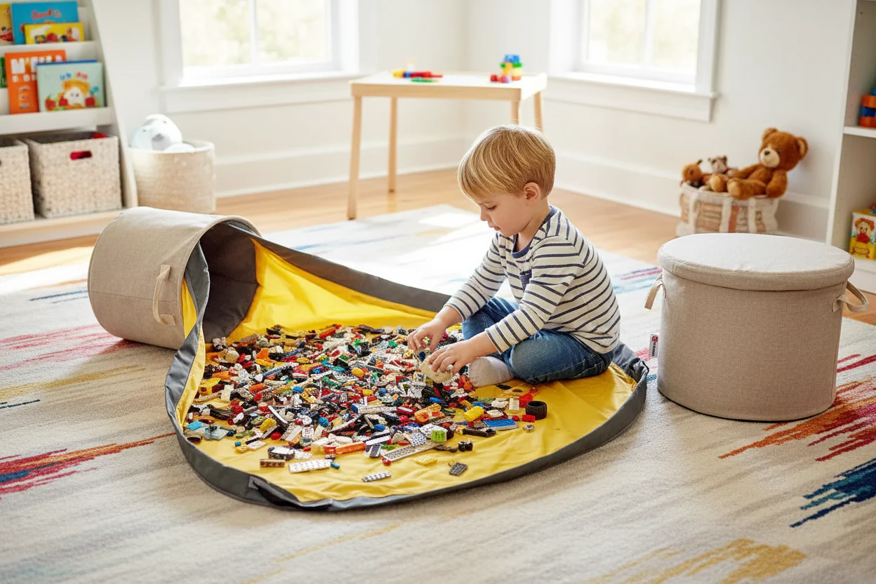 SlideAway Toy Storage Organizer & Play Mat for Kids - Organizer Storage Bin for Toys - Kids Toy Box - Beige