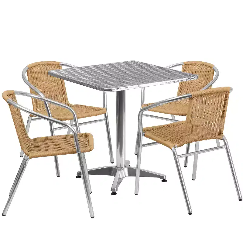 Emma and Oliver 27.5 Square Aluminum Garden Patio Table Set with 4 Rattan Chairs