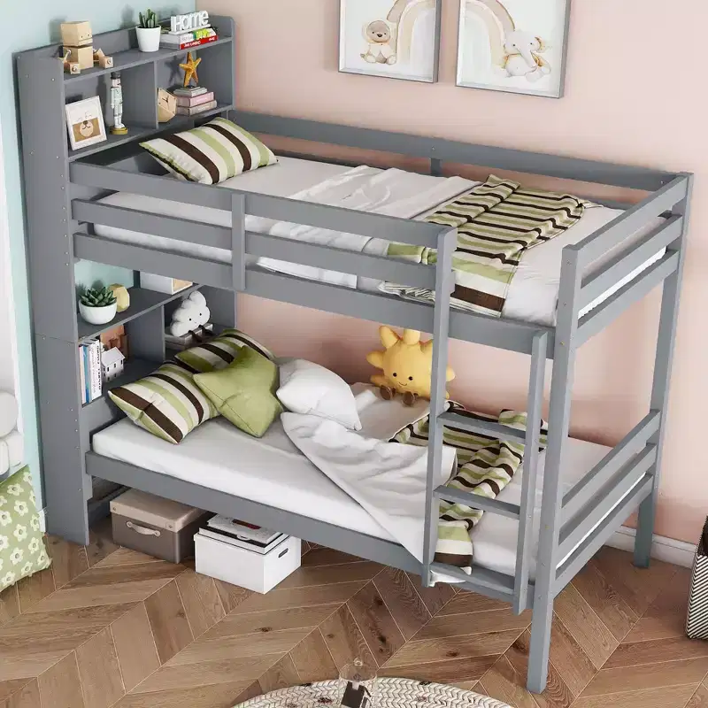 Twin over Twin Bunk Bed with Storage Shelves, 2-In-1 Rubber Wood Kids Bunk Beds with Safety Guardrails and Ladder, Twin Bed for Bedroom